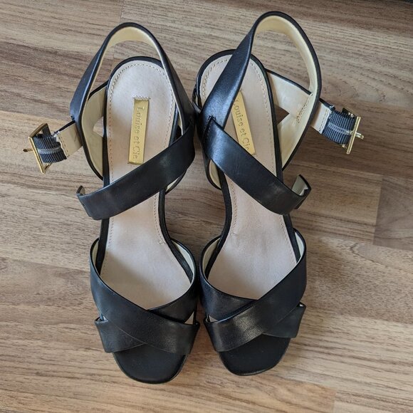 Louise et Cie Black Leather Block Heel Crossover Sandals - Picture 2 of 12